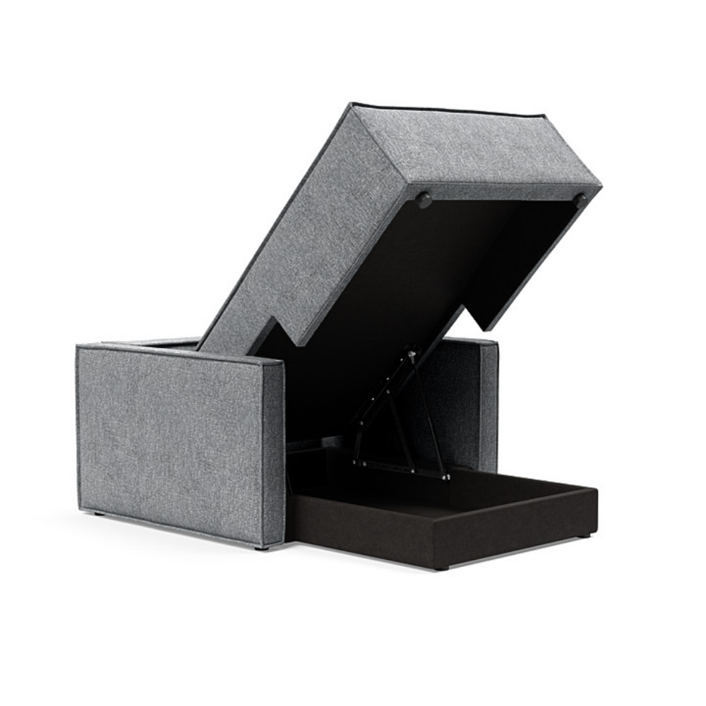 The Newilla Lounger Chair with Slim Arms with twist granite 565 upholstery open showing the integrated storage.