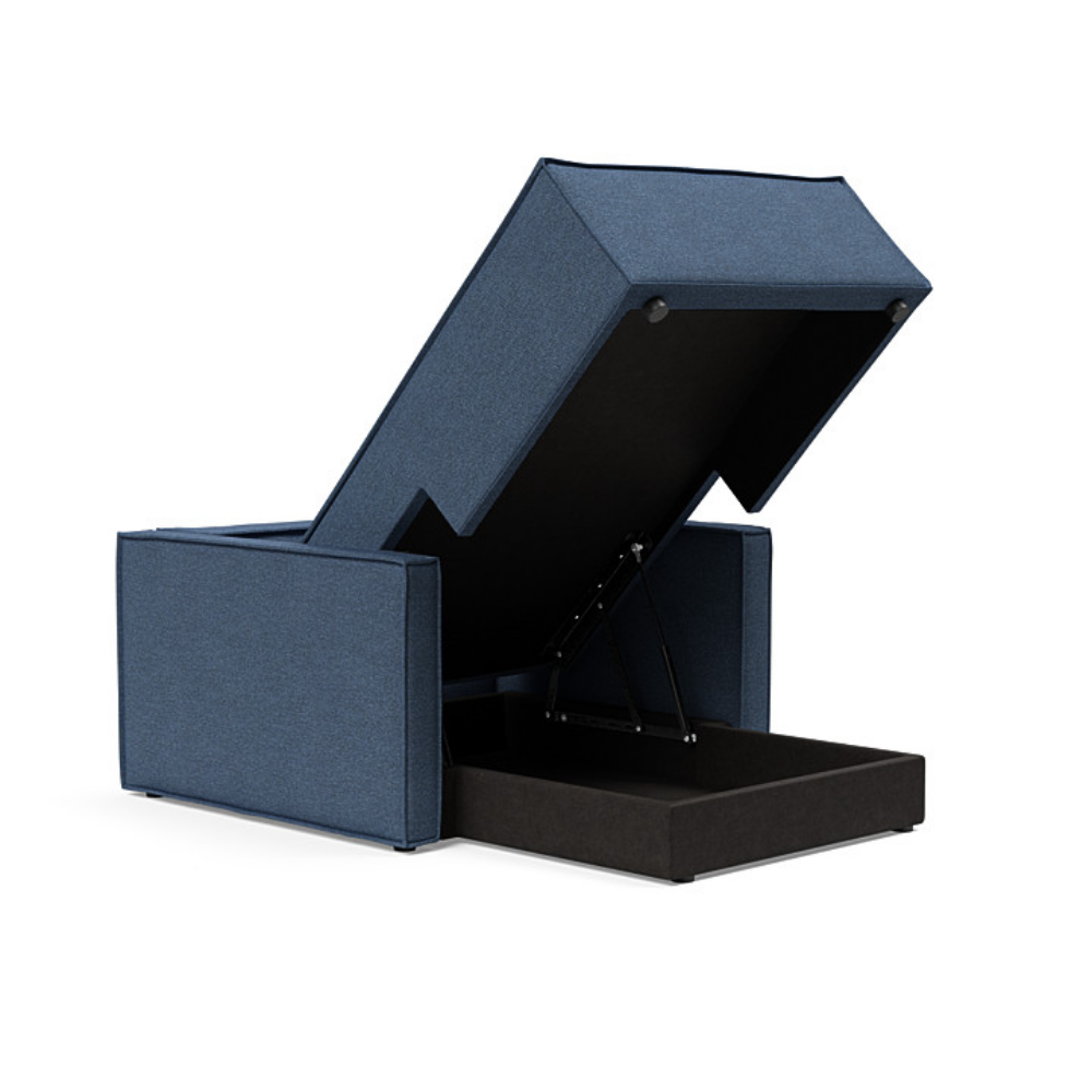 The Newilla Lounger Chair with Slim Arms with weda blue 302 upholstery open showing the integrated storage.
