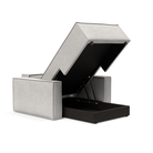 The Newilla Lounger Chair with Standard Arms from Innovation Living with adario fog 256 upholstery open and showing the internal storage.