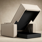 The Newilla Lounger Chair with Standard Arms from Innovation Living with adario taupe 257 upholstery open showing the internal storage in a family space. all-groups