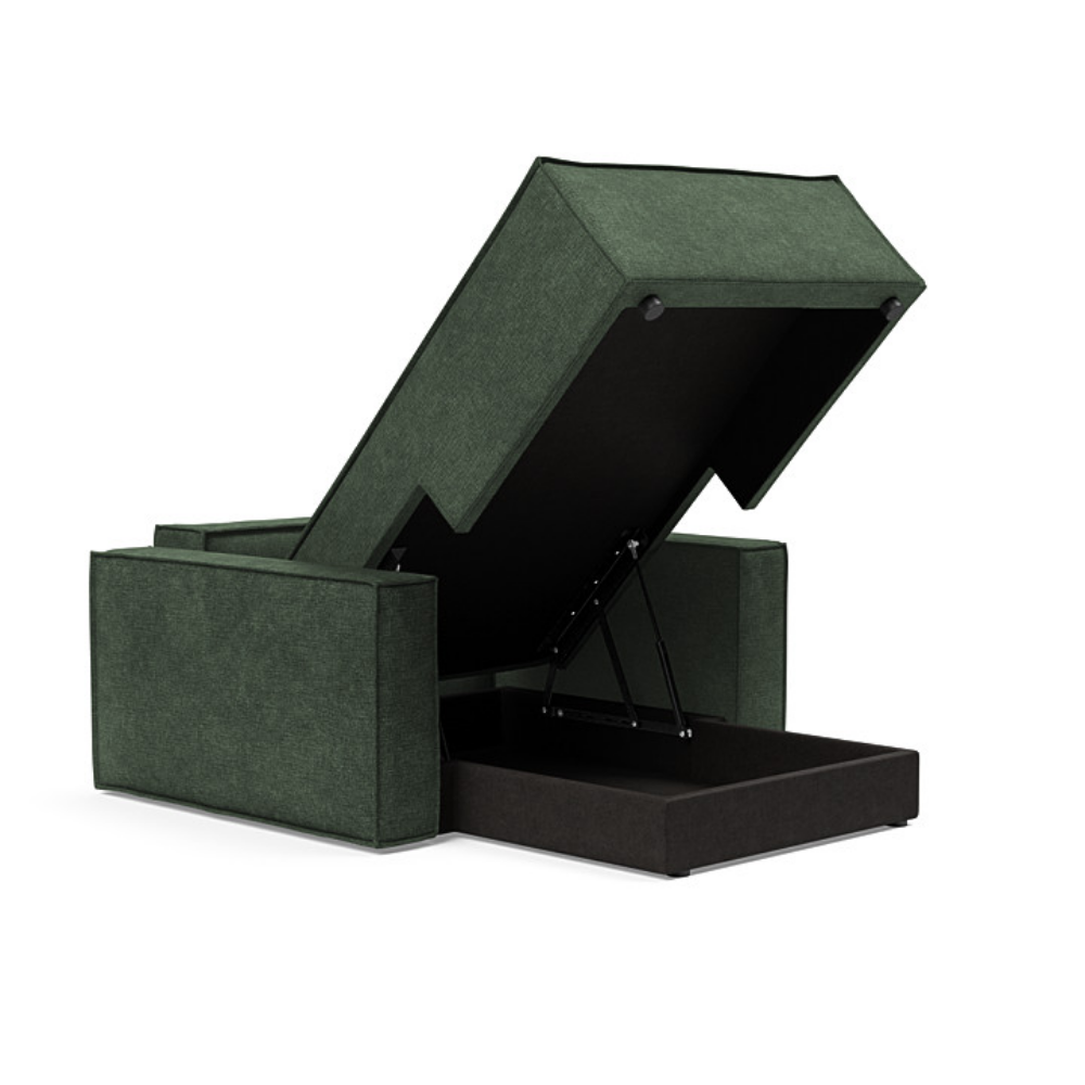 The Newilla Lounger Chair with Standard Arms from Innovation Living with avella pine green 281 upholstery open and showing the internal storage.