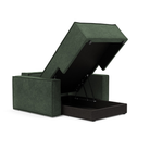 The Newilla Lounger Chair with Standard Arms from Innovation Living with avella pine green 281 upholstery open and showing the internal storage.