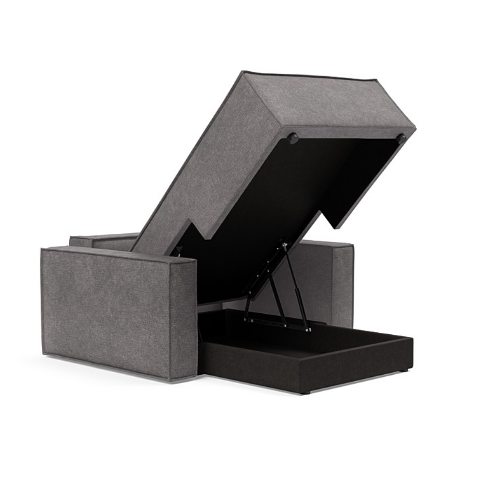 The Newilla Lounger Chair with Standard Arms from Innovation Living with avella warm grey 282 upholstery open showing the internal storage.