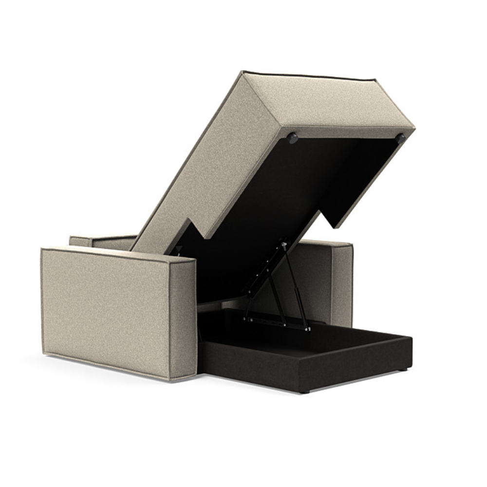 The Newilla Lounger Chair with Standard Arms from Innovation Living with boucle beige 539 upholstery open and showing the internal storage.