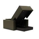 The Newilla Lounger Chair with Standard Arms from Innovation Living with boucle forest green 535 upholstery open and showing the internal storage.