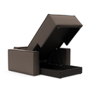 The Newilla Lounger Chair with Standard Arms from Innovation Living with boucle taupe 530 upholstery open and showing the internal storage.