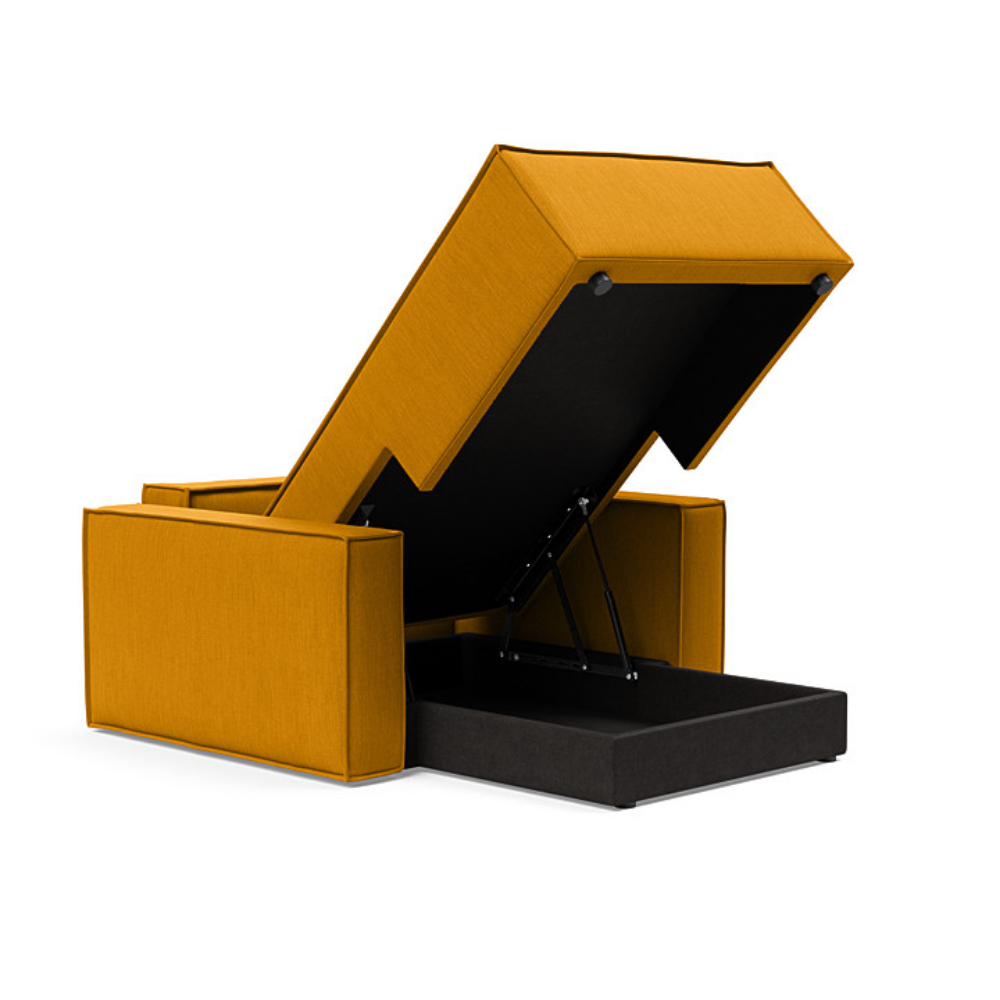 The Newilla Lounger Chair with Standard Arms from Innovation Living with elegance burned curry 507 upholstery open and showing the internal storage.