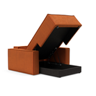 The Newilla Lounger Chair with Standard Arms from Innovation Living with esina rust orange 412 upholstery open and showing the internal storage.