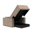 The Newilla Lounger Chair with Standard Arms from Innovation Living with halifax wicker 367 upholstery open and showing the internal storage.