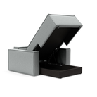 The Newilla Lounger Chair with Standard Arms from Innovation Living with melange light grey 538 upholstery open and showing the internal storage.