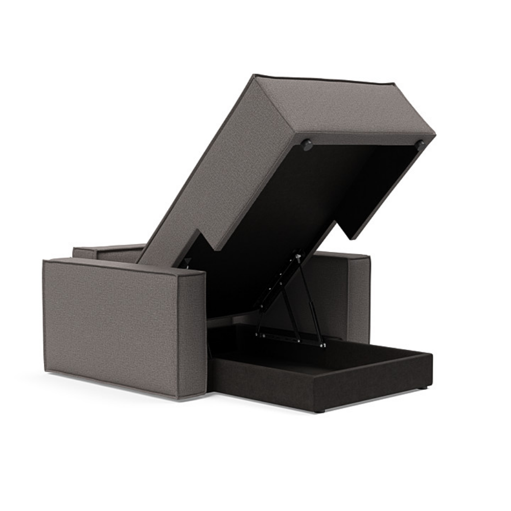 The Newilla Lounger Chair with Standard Arms from Innovation Living with mixed dance grey 521 upholstery open and showing the internal storage.