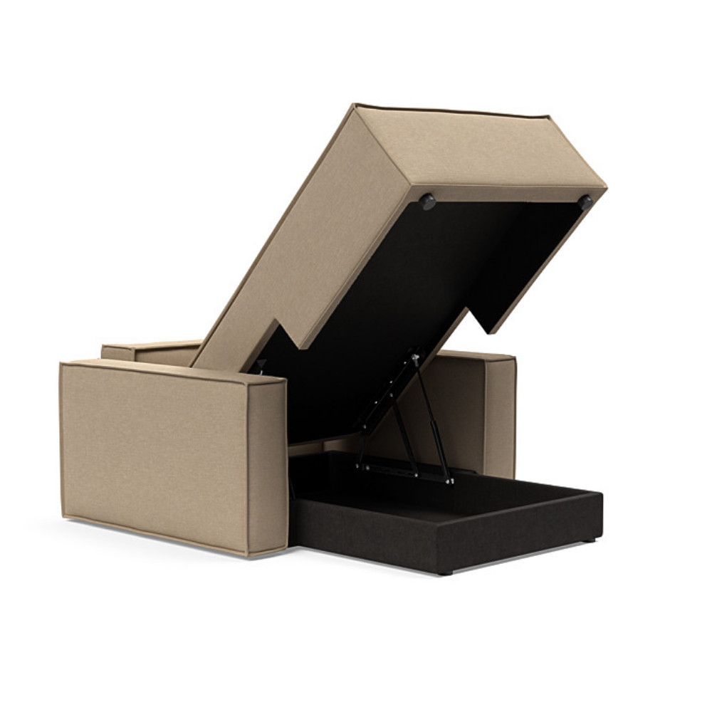 The Newilla Lounger Chair with Standard Arms from Innovation Living with phobos mocha 587 upholstery open and showing the internal storage.