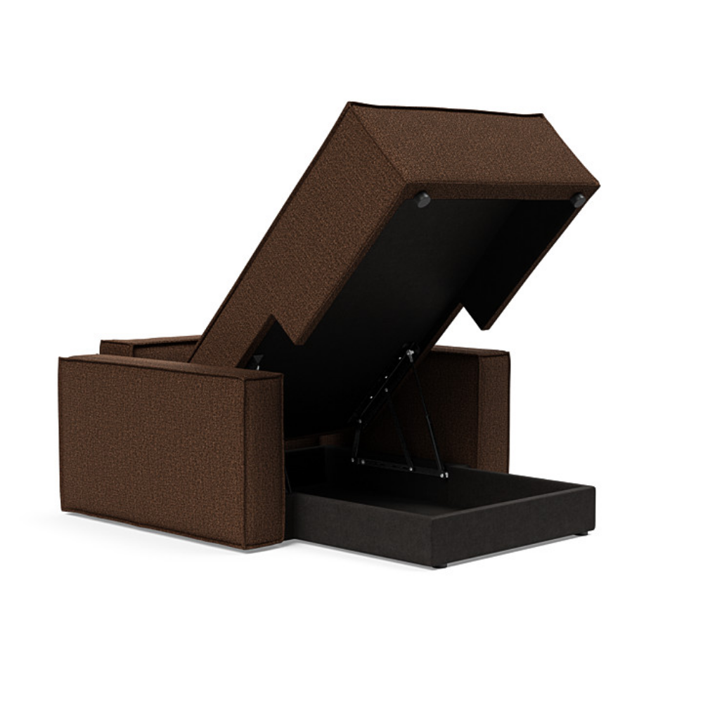 The Newilla Lounger Chair with Standard Arms from Innovation Living with taura cappuccino 359 upholstery open and showing the internal storage.