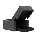 The Newilla Lounger Chair with Standard Arms from Innovation Living with taura deep grey 350 upholstery open and showing the internal storage.