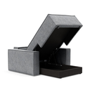 The Newilla Lounger Chair with Standard Arms from Innovation Living with twist granite 565 upholstery open and showing the internal storage.