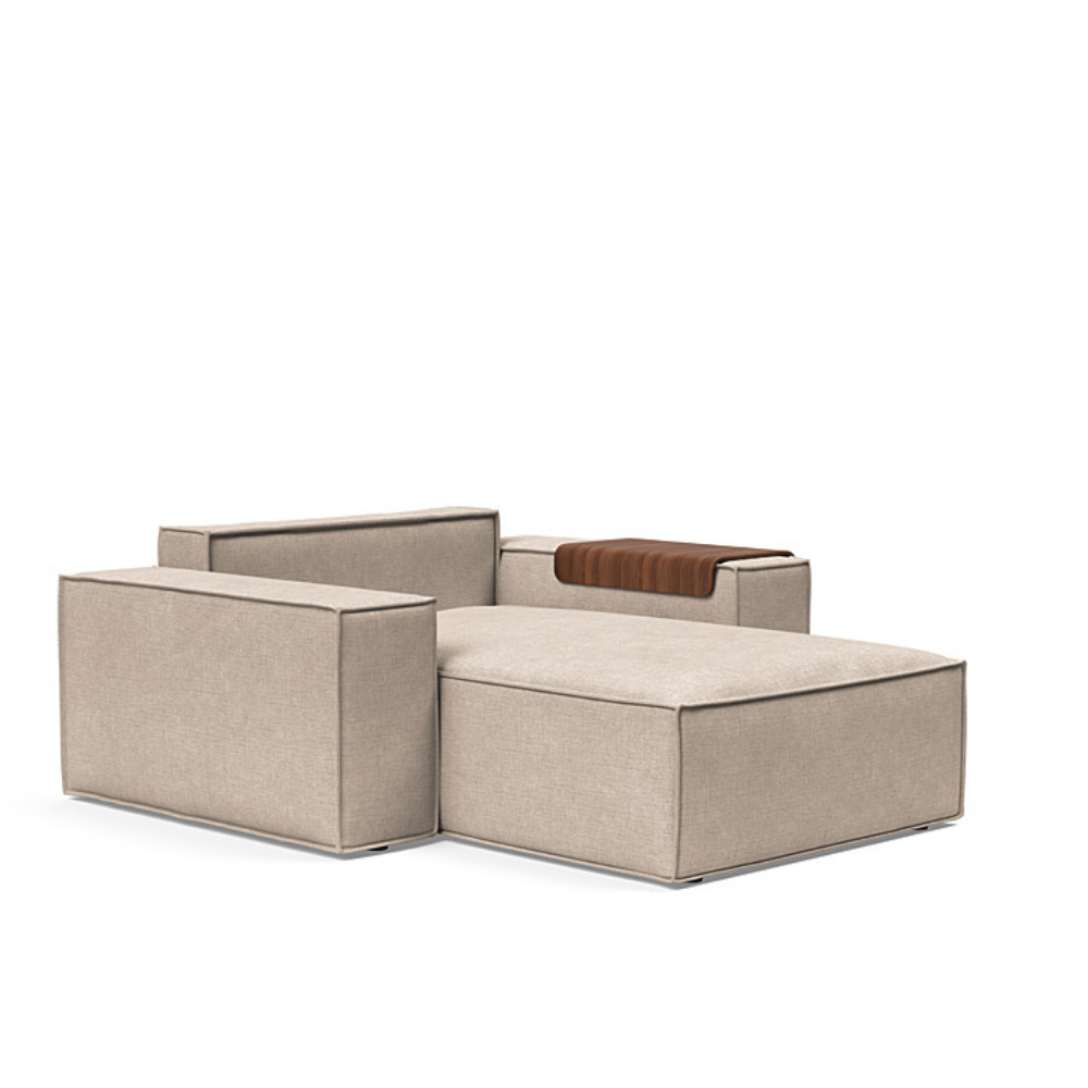 The Newilla Lounger Chair with Wide Arms from Innovation Living with adario taupe 257 upholstery without the cushion, setup as a bed.