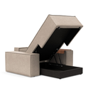 The Newilla Lounger Chair with Wide Arms from Innovation Living with adario taupe 257 upholstery open showing the internal storage.