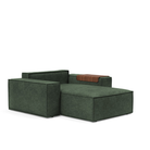 The Newilla Lounger Chair with Wide Arms from Innovation Living with avella pine green 281 upholstery without the cushion, setup as a bed.