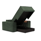 The Newilla Lounger Chair with Wide Arms from Innovation Living with avella pine green 281 upholstery open showing the internal storage.