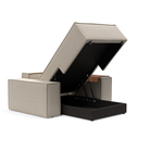 The Newilla Lounger Chair with Wide Arms from Innovation Living with blida sand grey 612 upholstery open showing the internal storage.