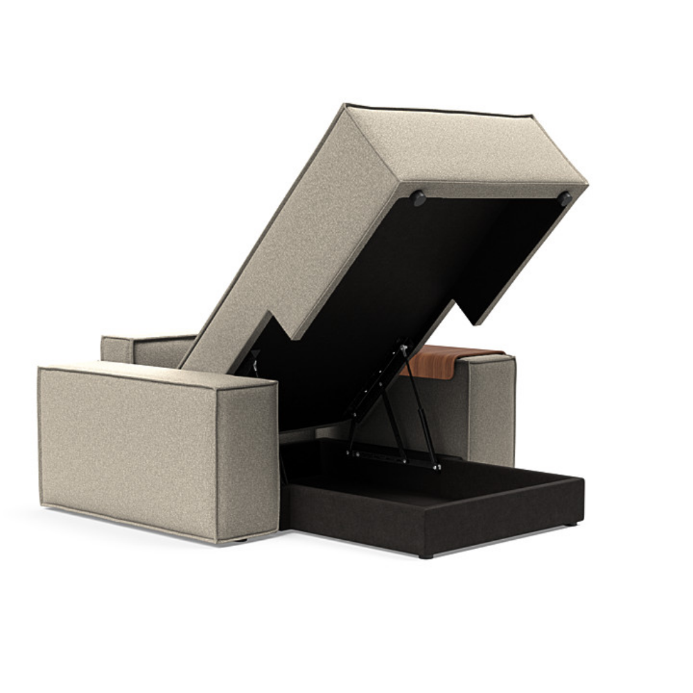 The Newilla Lounger Chair with Wide Arms from Innovation Living with boucle beige 539 upholstery open showing the intnernal storage.