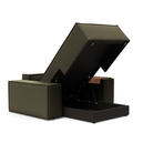 The Newilla Lounger Chair with Wide Arms from Innovation Living with boucle forest green 535 upholstery open showing the internal storage.