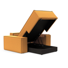 The Newilla Lounger Chair with Wide Arms from Innovation Living with boucle ochre 536 upholstery open showing the internal storage.