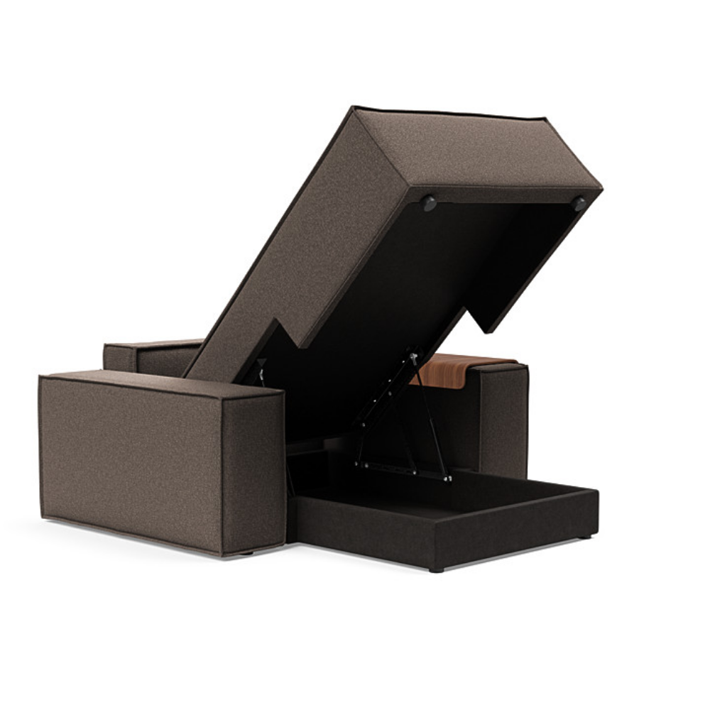 The Newilla Lounger Chair with Wide Arms from Innovation Living with boucle taupe 530 upholstery open showing the internal storage.