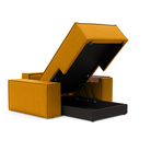 The Newilla Lounger Chair with Wide Arms from Innovation Living with elegance burned curry 507 upholstery open showing the internal storage.