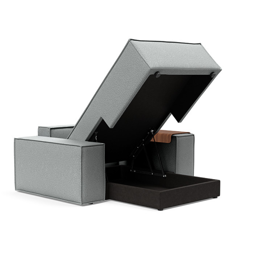 The Newilla Lounger Chair with Wide Arms from Innovation Living with melange light grey 538 upholstery open showing the internal storage.