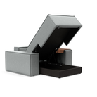 The Newilla Lounger Chair with Wide Arms from Innovation Living with melange light grey 538 upholstery open showing the internal storage.