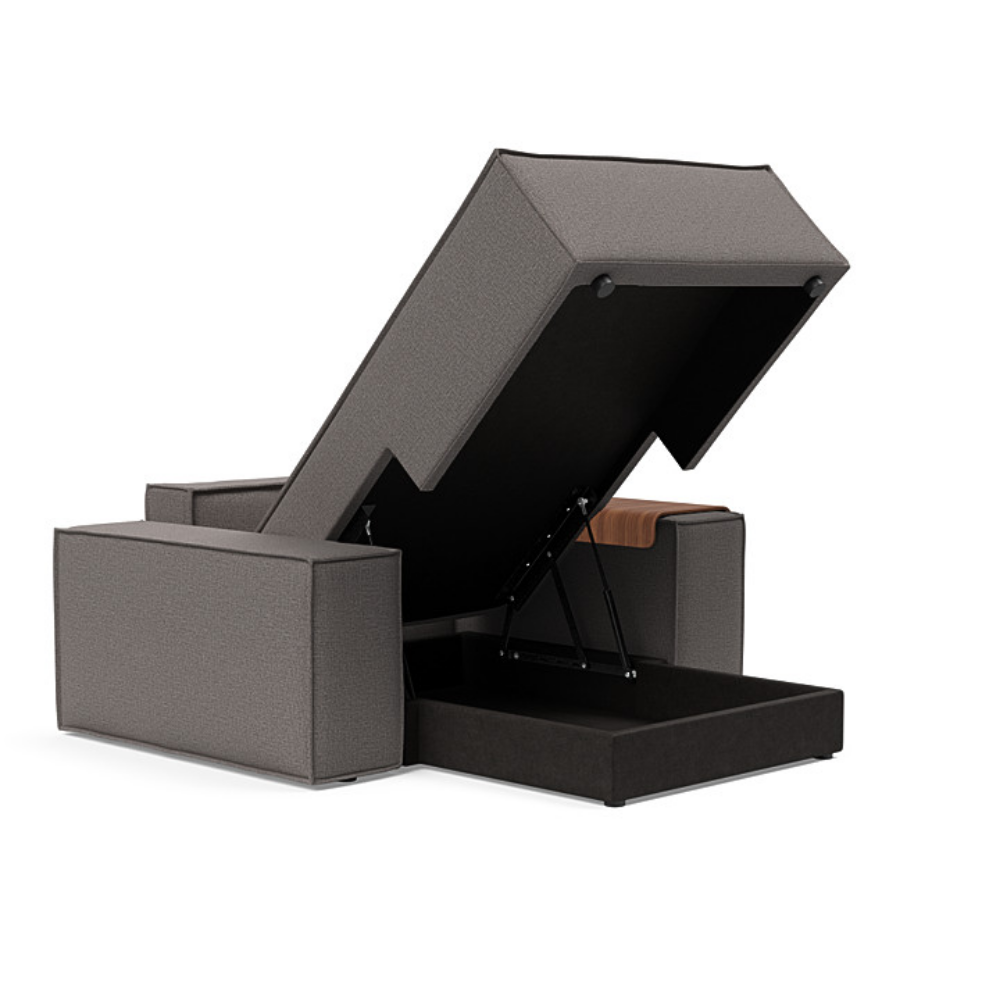 The Newilla Lounger Chair with Wide Arms from Innovation Living with mixed dance grey 521 upholstery open and showing the internal storage.