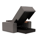 The Newilla Lounger Chair with Wide Arms from Innovation Living with mixed dance grey 521 upholstery open and showing the internal storage.