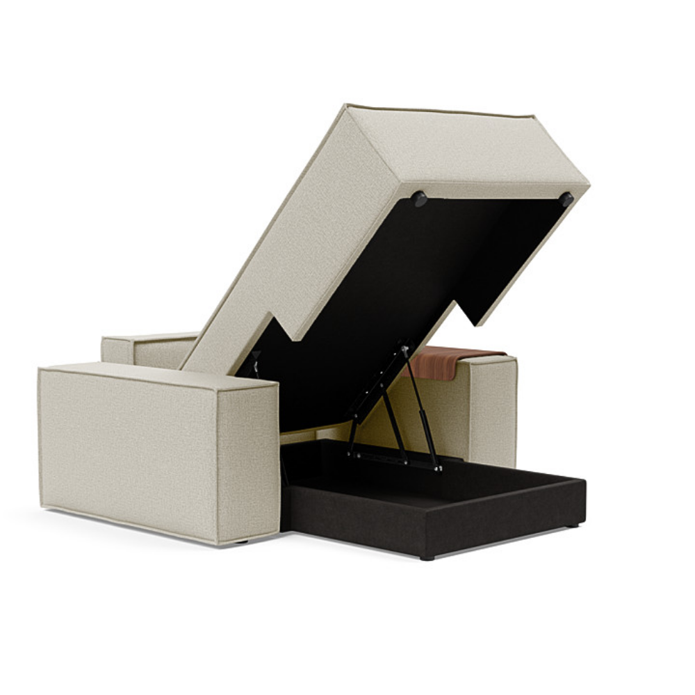 The Newilla Lounger Chair with Wide Arms from Innovation Living with mixed dance natural 527 upholstery open showing the internal storage.