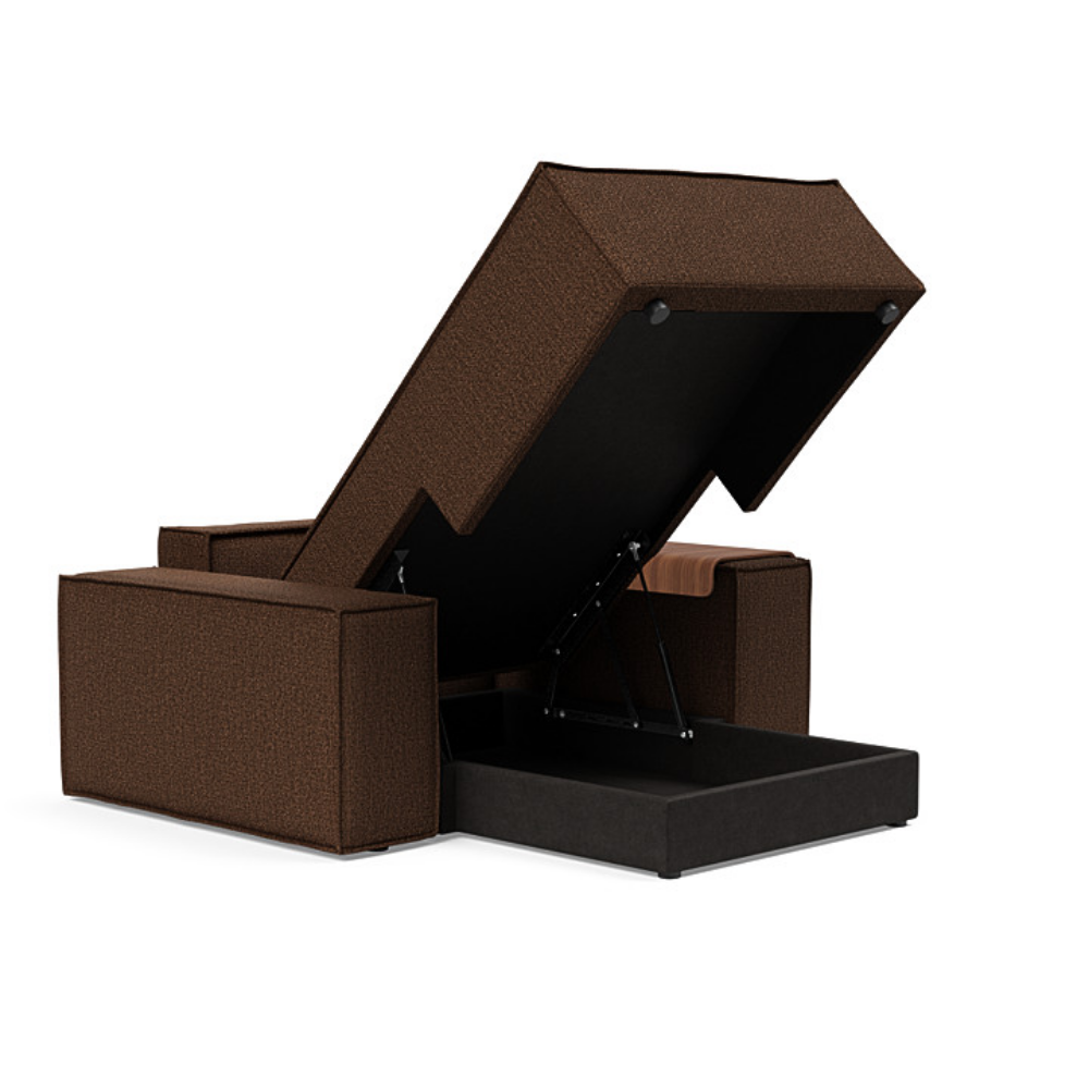 The Newilla Lounger Chair with Wide Arms from Innovation Living with taura cappuccino 359 upholstery open and showing the internal storage.