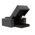 The Newilla Lounger Chair with Wide Arms from Innovation Living with taura deep grey 350 upholstery open showing the internal storage.