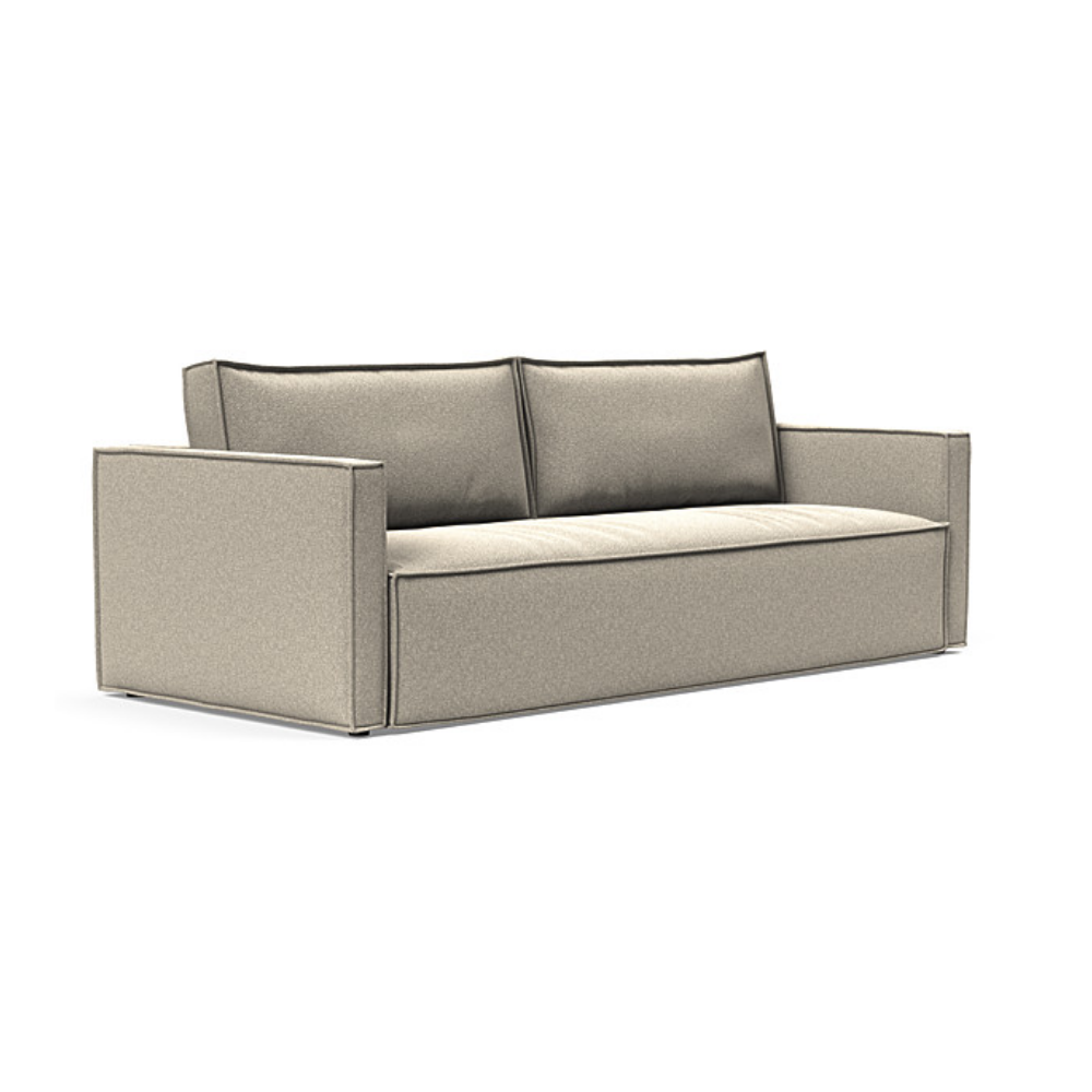 The Newilla Sleeper Sofa from Innovation Living with slim arms and boucle beige 539 upholstery setup as a sofa.