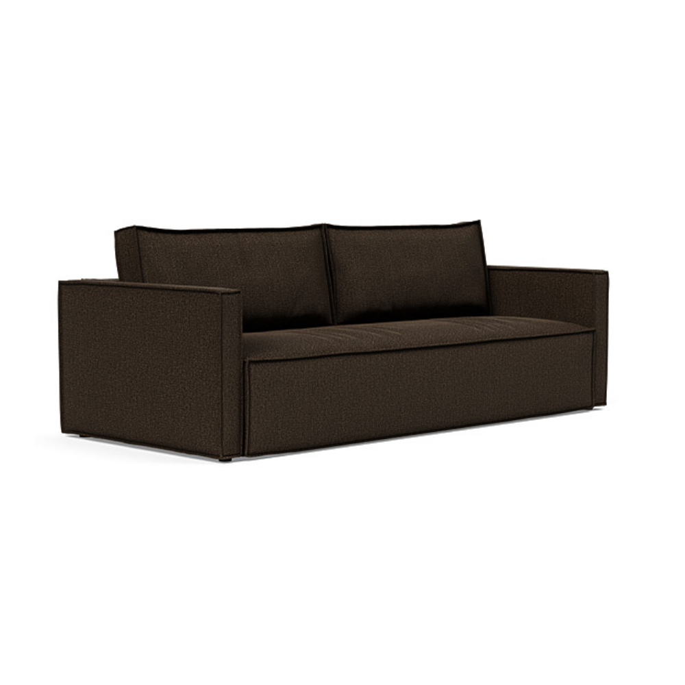 The Newilla Sleeper Sofa from Innovation Living with slim arms and taura chocco 358 upholstery setup as a sofa.