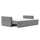 The Newilla Sleeper Sofa from Innovation Living with slim arms and taura slate grey 351 upholstery setup as a bed.