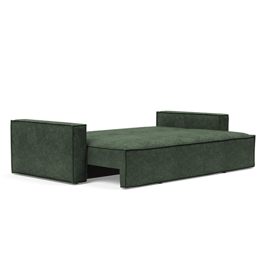 The Newilla Sleeper Sofa from Innovation Living with standard arms and avella pine green 281 upholstery setup as a bed.