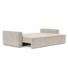 The Newilla Sleeper Sofa from Innovation Living with standard arms and avella sand 280 upholstery setup as a bed.