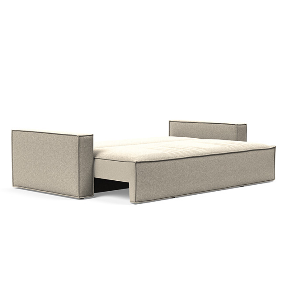 The Newilla Sleeper Sofa from Innovation Living with standard arms and boucle beige 539 upholstery setup as a bed.
