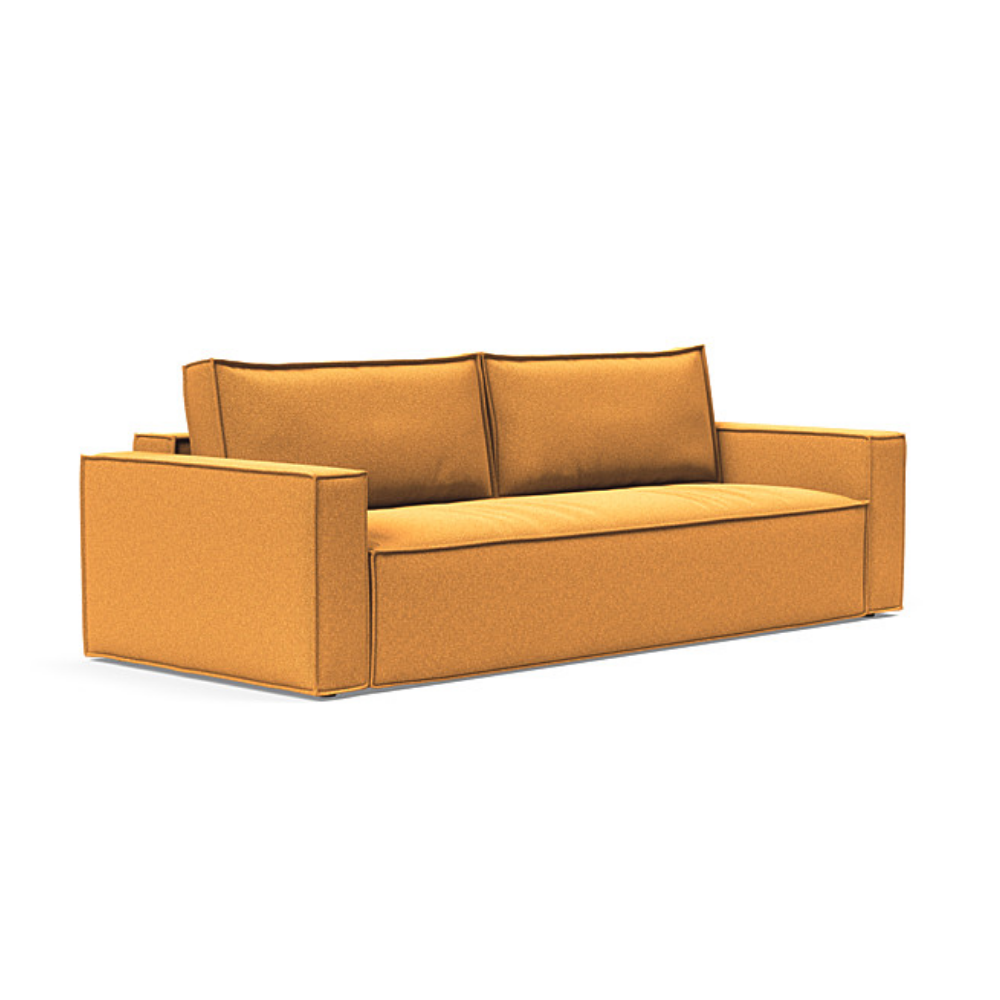The Newilla Sleeper Sofa from Innovation Living with standard arms and boucle ochre 536 upholstery setup as a sofa.