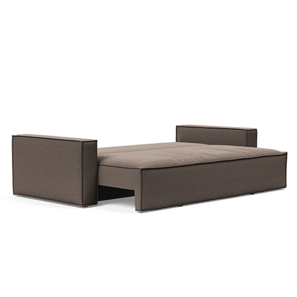 The Newilla Sleeper Sofa from Innovation Living with standard arms and boucle taupe 530 upholstery setup as a bed.