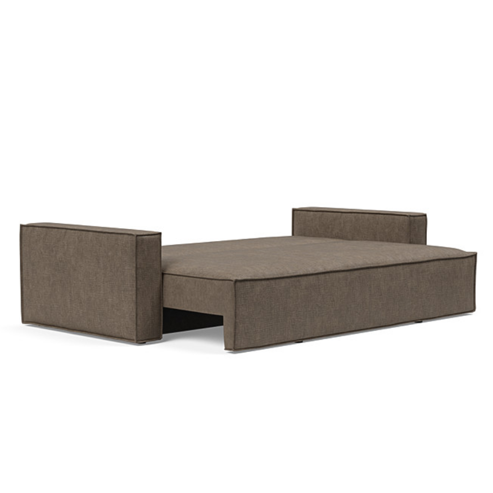 The Newilla Sleeper Sofa from Innovation Living with standard arms and esina cedar brown 411 upholstery setup as a bed.
