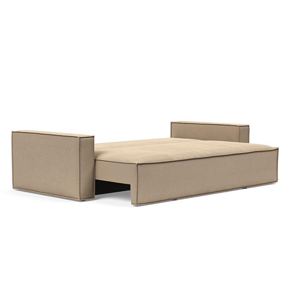 The Newilla Sleeper Sofa from Innovation Living with standard arms and phobos mocha 587 upholstery setup as a bed.