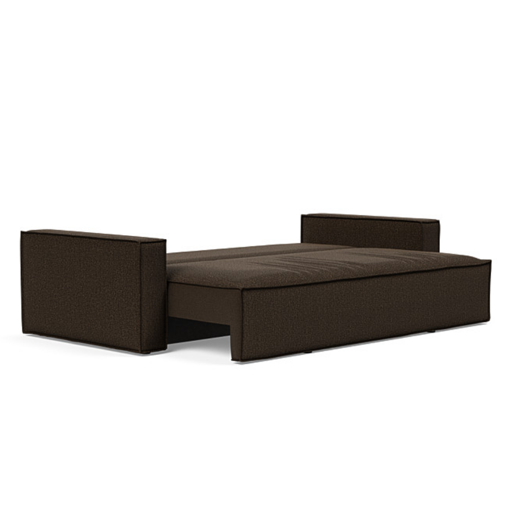 The Newilla Sleeper Sofa from Innovation Living with standard arms and taura chocco 358 upholstery setup as a bed.