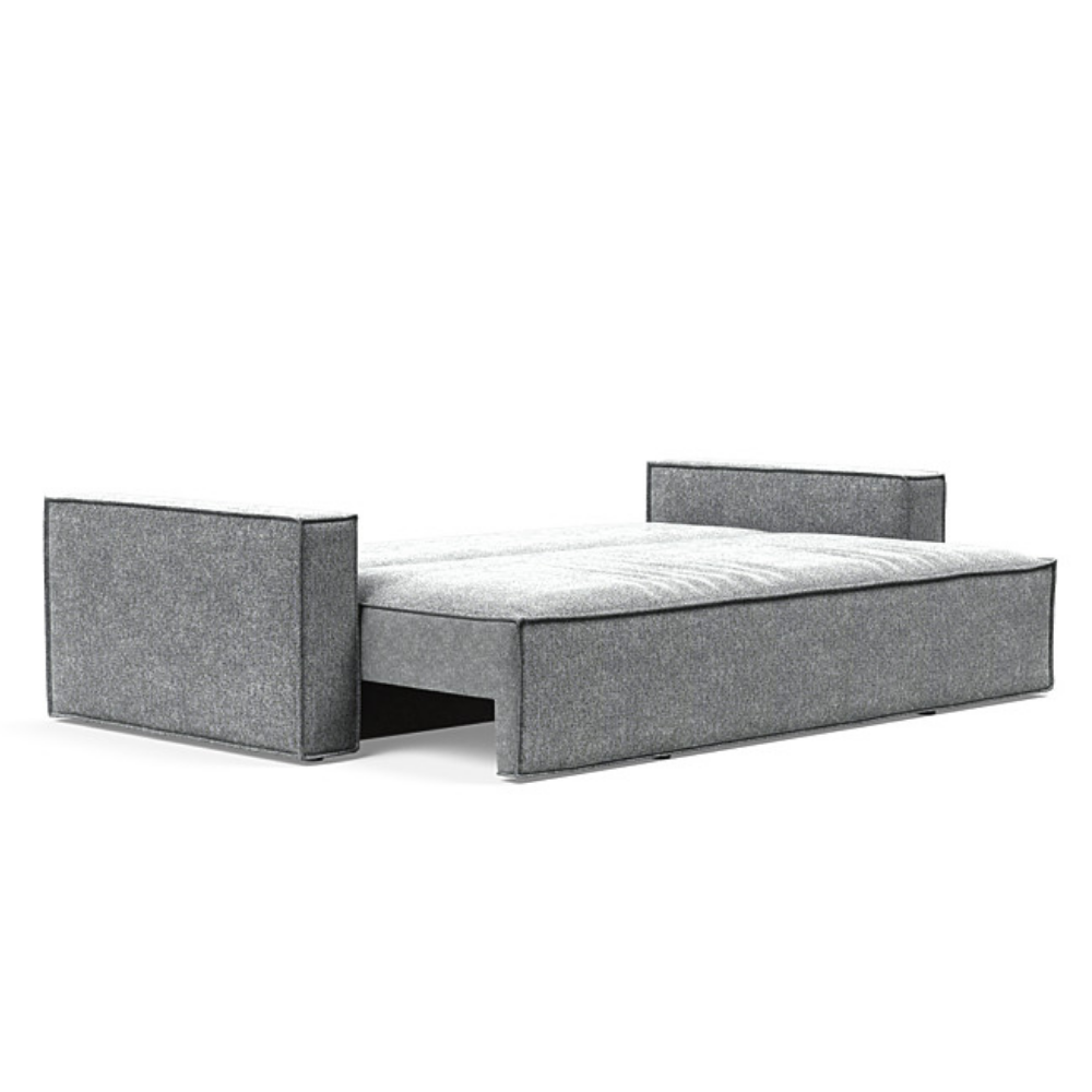 The Newilla Sleeper Sofa from Innovation Living with standard arms and taura slate grey 351 upholstery setup as a bed.