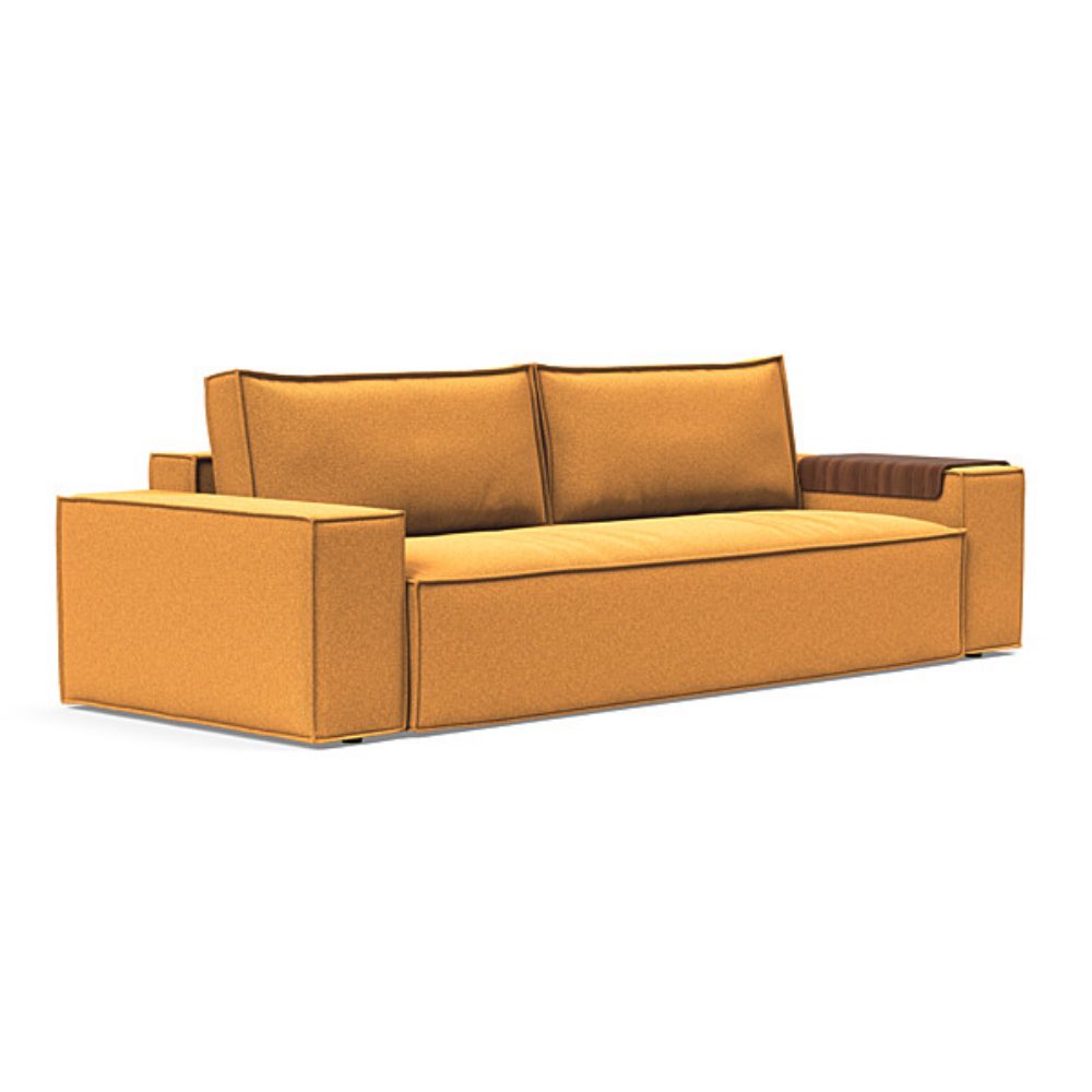 The Newilla Sleeper Sofa from Innovation Living with wide arms and boucle ochre 536 upholstery setup as a sofa.