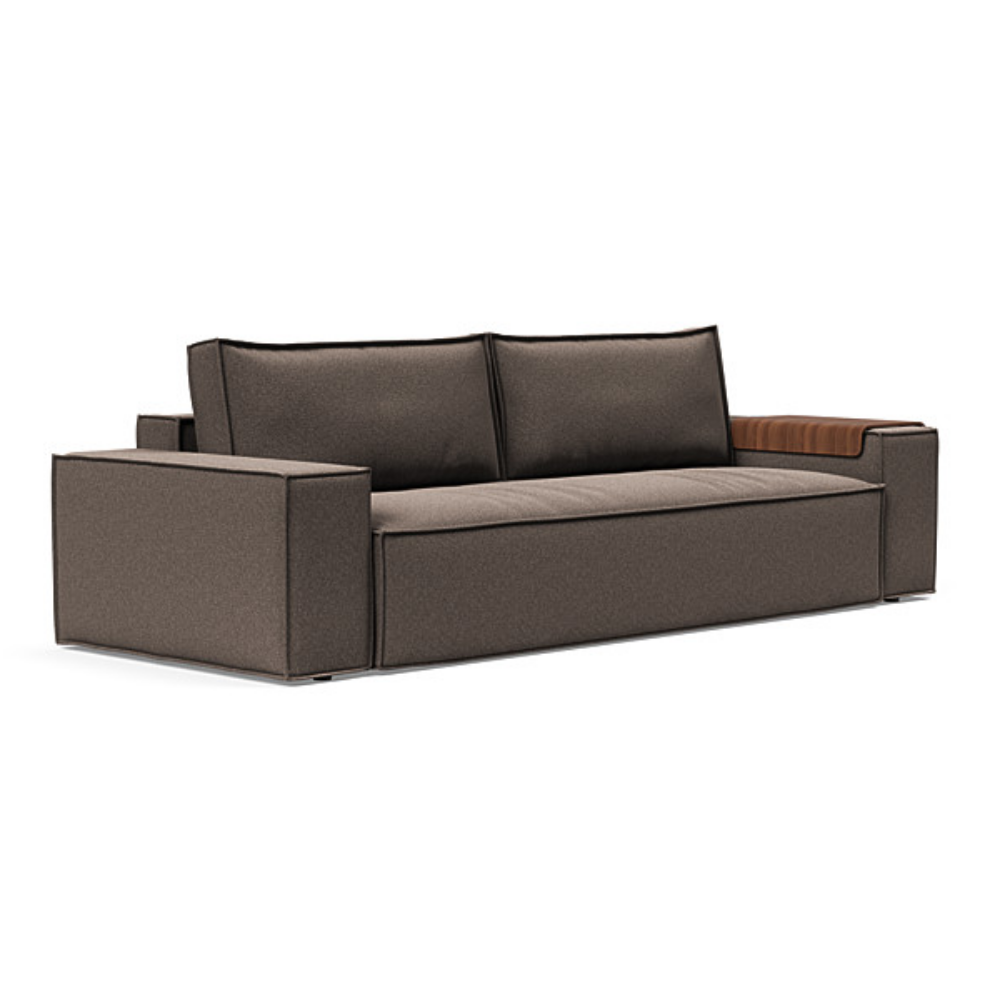 The Newilla Sleeper Sofa from Innovation Living with wide arms and boucle taupe 530 upholstery setup as a sofa.